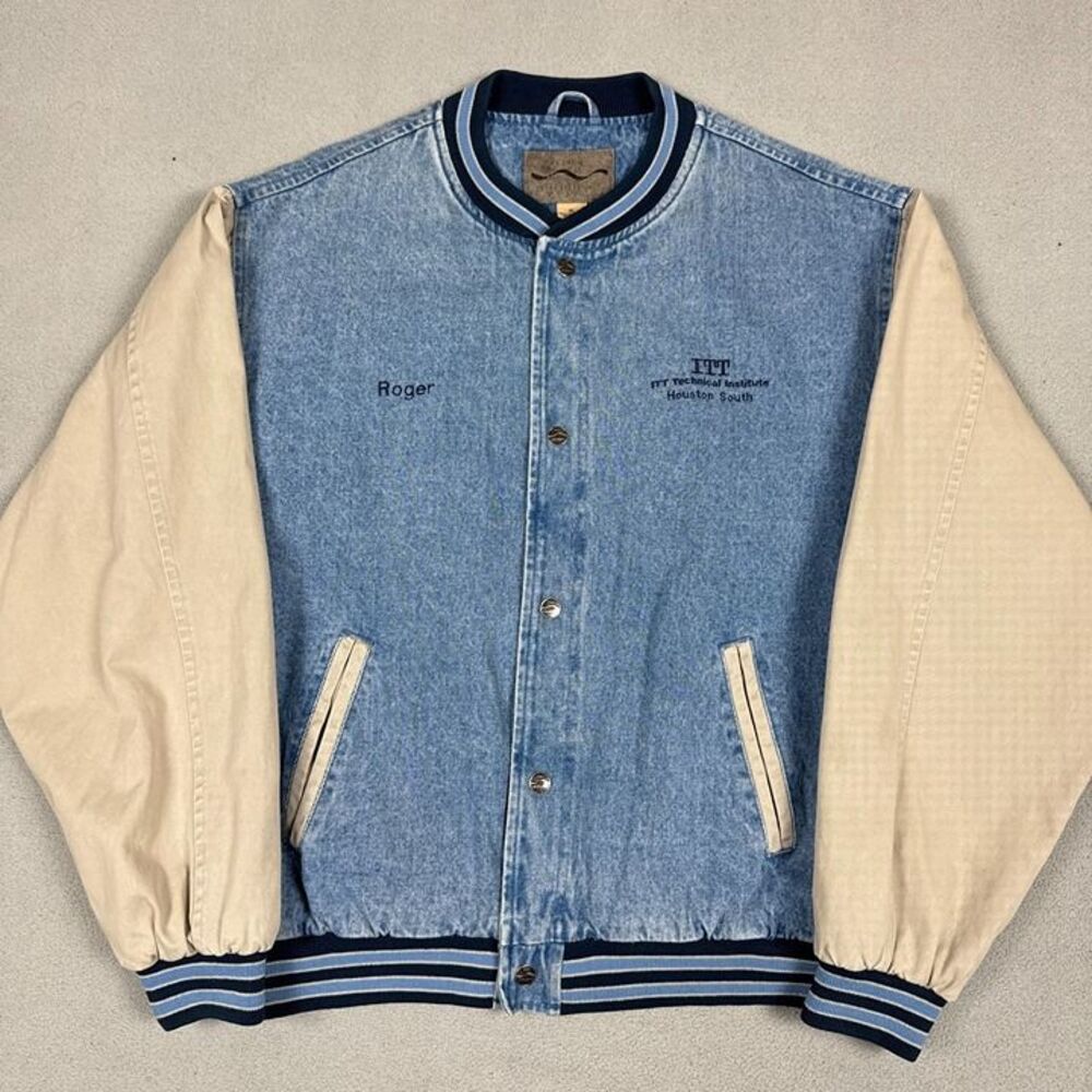 Vintage 90s Varsity Denim Jacket Mens XL Blue Tan Canvas Sleeve Bomber Snap